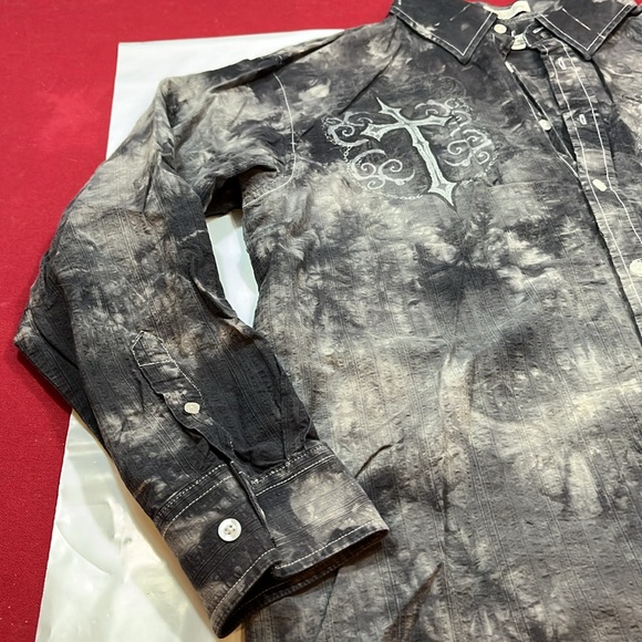 Eighty Eight Apparel black gray CROSS GOTH button up Shirt Men Bleach Dye Y2k XL - Picture 3 of 13